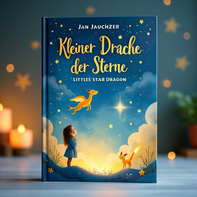 The cover features a night sky filled with shimmering stars and whimsical clouds. Luri, the little star dragon, is positioned in the center, soaring among the stars. Emillia, a curious child, stands below, looking up at Luri with excitement. Soft, rounded shapes and warm colors create a friendly and inviting atmosphere.