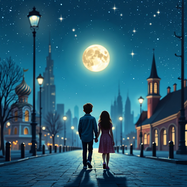 A boy and a girl holding hands, walking on a lonely street under the moonlit night. The moon and stars are shining brightly in the sky. The background is a combination of the landscapes of Dubai and Moscow, representing the two settings of the book.
