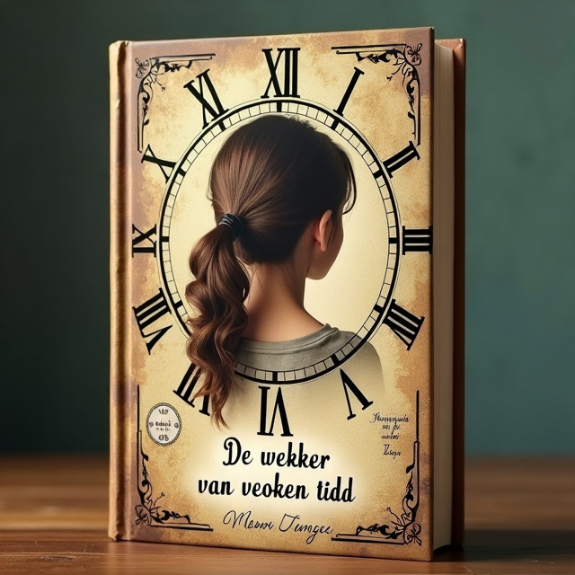 The cover features a 15-year-old girl with brown hair in a loose ponytail in the center, surrounded by a vintage travel clock. The clock is intertwined with the grandmother's wrinkles, forming patterns connected to the numbers on the dial. The overall style is dreamy, mysterious, and warm, with soft colors that represent both youth and old age.