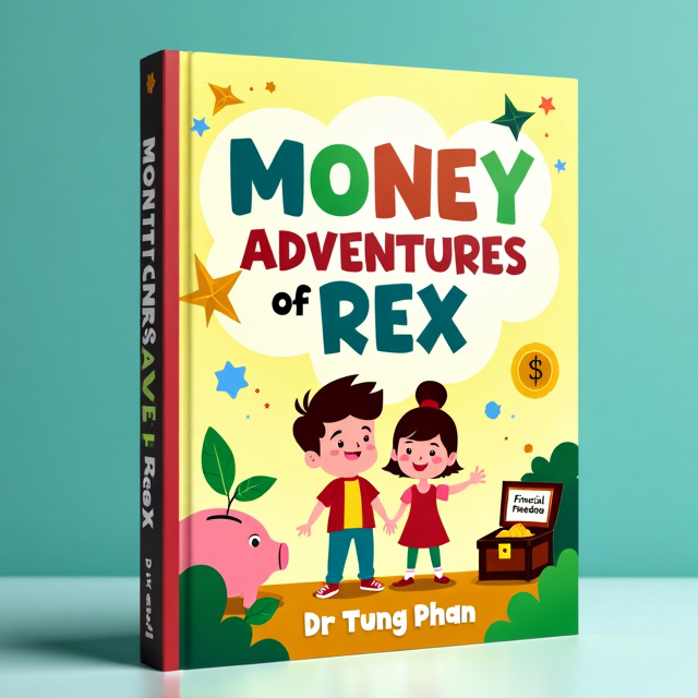 The cover features a playful and colorful illustration of Rex and Eva, the main characters of the book, surrounded by smaller icons and illustrations such as a piggy bank, a growing plant, and a treasure chest labeled "Financial Freedom". The overall style is vibrant and child-friendly.