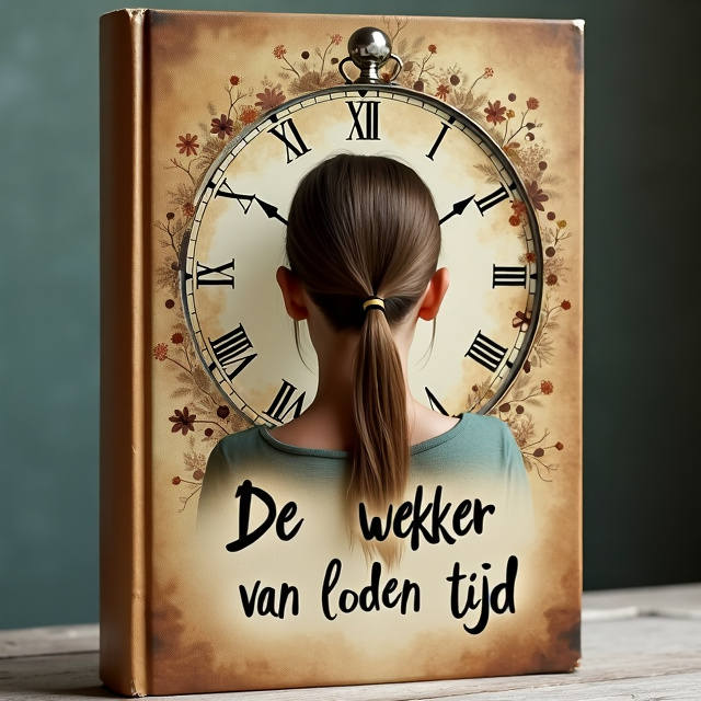 The cover features a 15-year-old girl with brown hair in a loose ponytail in the center, surrounded by a vintage travel clock. The girl's hair flows into the hands of the clock, symbolizing the connection between time and her life. The clock is intertwined with the grandmother's wrinkles, forming patterns connected to the numbers on the dial. The overall style is dreamy, mysterious, and warm, with soft colors that represent both youth and old age.