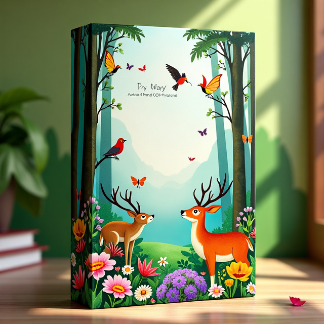 A vibrant and lush nature scene with a variety of animals, including birds, butterflies, and deer, surrounded by blooming flowers and tall trees.