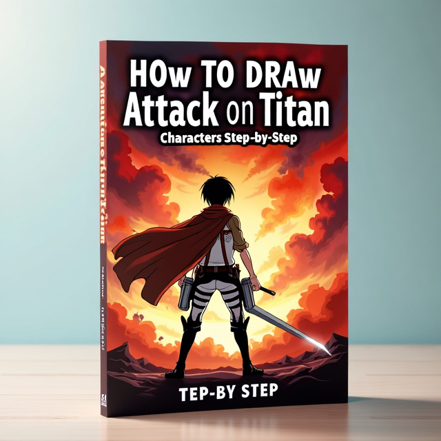 The cover will feature a large, vibrant image of a popular Attack on Titan character in the background. In the foreground, there will be a step-by-step guide illustration showcasing the process of drawing the character. The overall visual style will be bold and dynamic, capturing the essence of the anime series.