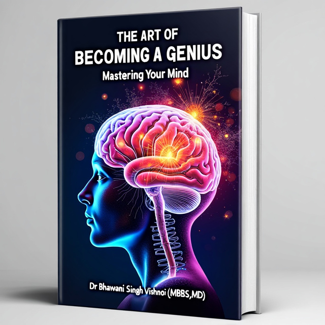 The cover features a close-up image of a brain, with bright colors and intricate details to emphasize the complexity and potential of the mind. The brain is surrounded by vibrant abstract patterns, representing the creative and imaginative aspects of becoming a genius.