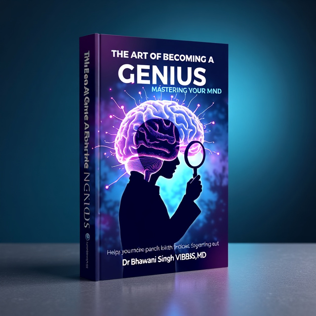 The cover features a futuristic background with a close-up image of a brain neuron, symbolizing the inner workings of the genius mind. A silhouette of a scientist with a magnifying glass is overlaid on the neuron, representing the exploration and analysis required to become a genius.