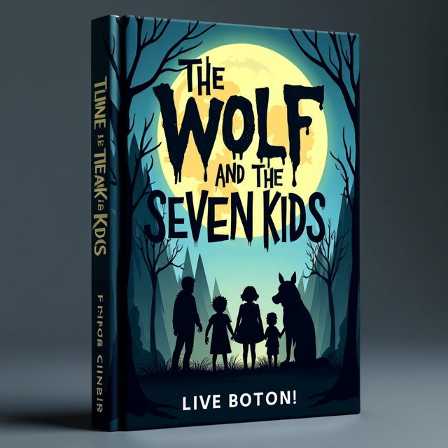 The cover features a full moon in the background, casting an eerie light over a dark forest. In the foreground, a menacing wolf lurks, its eyes glowing with a predatory hunger. Seven innocent kids huddle together, their faces filled with fear, as they try to escape the clutches of the wolf.
