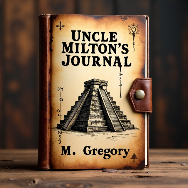 The cover features a wooden desktop background with a slightly aged and weathered appearance. In the center, there is an old leather journal opened to pages with a sketch of a Mayan pyramid. The sketch is surrounded by mysterious cryptographic characters, adding an air of intrigue and adventure.