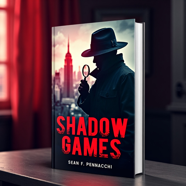 The cover features a close-up shot of a detective's silhouette holding a magnifying glass, with a city skyline in the background. The image is dark and mysterious, with a red filter overlay to create a sense of danger and intrigue.