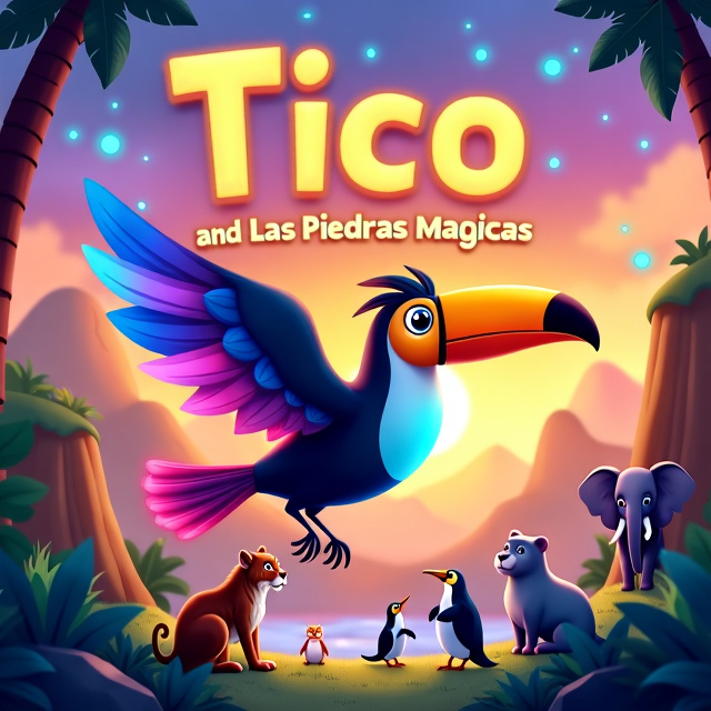 Tico the Toucan flying in the foreground, with vibrant feathers glowing in various colors. The title "Tico and the Magic Stones" appears in large, playful letters in the sky. The background showcases different landscapes, including a jungle, desert, icy terrain, and a colorful sky. Animals from different continents, such as a kangaroo, penguin, jaguar, and elephant, are watching Tico's adventure. Glowing magic stones from each continent are scattered throughout the cover.