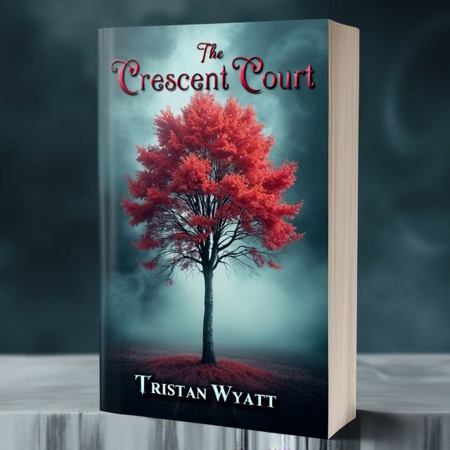 A lone, pale birch tree stands tall in the center of the cover, its trunk reaching towards the top. The tree is surrounded by a mystical, swirling fog, giving the scene an atmosphere of mystery. The tree's leaves are a vibrant blazing red, contrasting against the dark background.