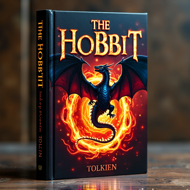 The cover features a central image of a menacing dragon with its wings spread wide, surrounded by swirling flames. The dragon's eyes glow with an eerie red light. The title, "The Hobbit," is displayed in bold, fiery letters across the top of the cover. The author's name, "Tolkien," is placed in smaller, elegant font at the bottom. The overall visual style is dark and mysterious, creating a sense of danger and adventure.