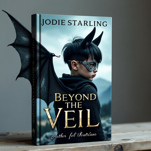 The cover features a girl with a black wolf cut hairstyle and a metal mask covering one eye. She has large bat wings extending from her back. The background is a windy scene. The title "Beyond the Veil" is prominently displayed at the top of the cover.