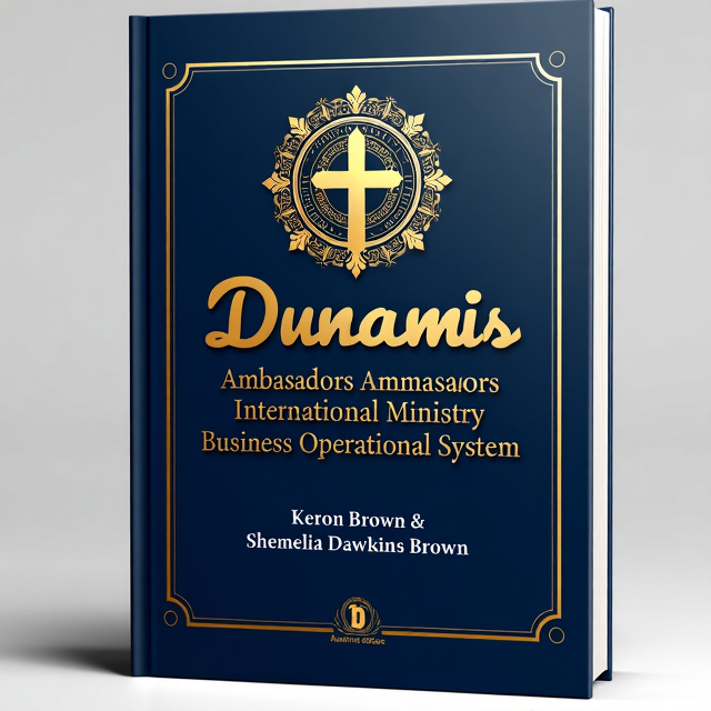 standing book mockup, Its title is "Dunamis Ambassadors International Ministry  Business Operational System ". Its author name is Keron Brown & Shemelia Dawkins BrownT.  The cover features a golden emblem of a cross surrounded by intricate patterns, symbolizing the religious theme. The background is a deep blue color, exuding a sense of professionalism and stability. The book title is displayed in bold gold letters, with the word "Dunamis" standing out in a unique script font. The author names are placed below the title in a more simple and elegant font., The emblem is positioned at the center of the cover, with the title and author names aligned horizontally above and below it, respectively.