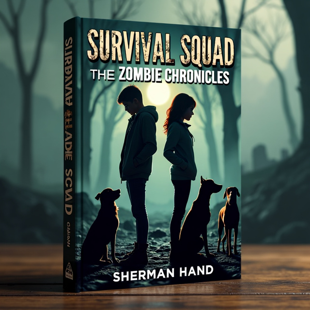 Nora and Bella stand back-to-back in the center of the cover, with the three dogs positioned around them. The desolate post-apocalyptic landscape, overgrown with the undead, forms the background. The moody lighting creates dramatic shadows, emphasizing the tension and fear in the scene.