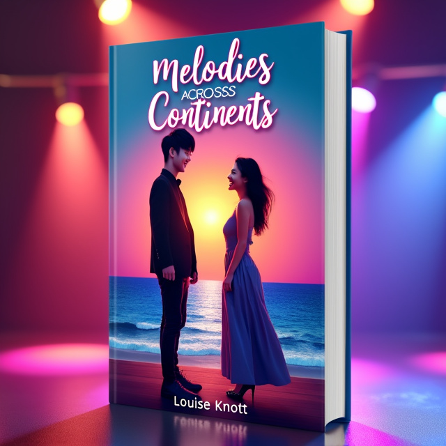 The cover features a vibrant stage with colorful lights, where a Korean male K-pop star with black hair and stylish clothing stands. Beside him, an Australian female with fair skin and a fuller figure is depicted, wearing a casual but trendy outfit. They are both smiling at each other, capturing the essence of their love story. The ocean is depicted in the background, symbolizing the connection between their two cultures.