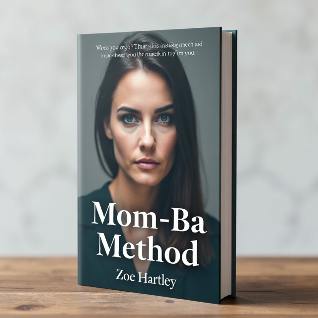 The cover features a confident woman with a mysterious expression, partially concealed by a translucent overlay. The background is a whiteish gray, giving a sense of simplicity and calmness. The title "Mom-Ba Method" is placed at the top in bold, clean typography. The author's name, Zoe Hartley, is placed at the bottom in a more elegant and contemporary font.