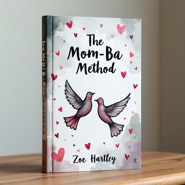 The book cover features a subtle grayish background with hand-drawn watercolor hearts scattered across it. Two elegant hand-drawn doves are positioned in the center, symbolizing love and harmony. The title, "The Mom-Ba Method," is placed in a bold and modern font at the top of the cover, while the author's name, Zoe Hartley, is displayed in a smaller, cursive font at the bottom.