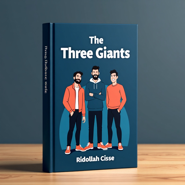 The cover features a navy blue background with a picture of three giant men standing side by side. The giants are depicted in a cool and simple style, with bold lines and minimal details. They are shown smiling and radiating happiness.