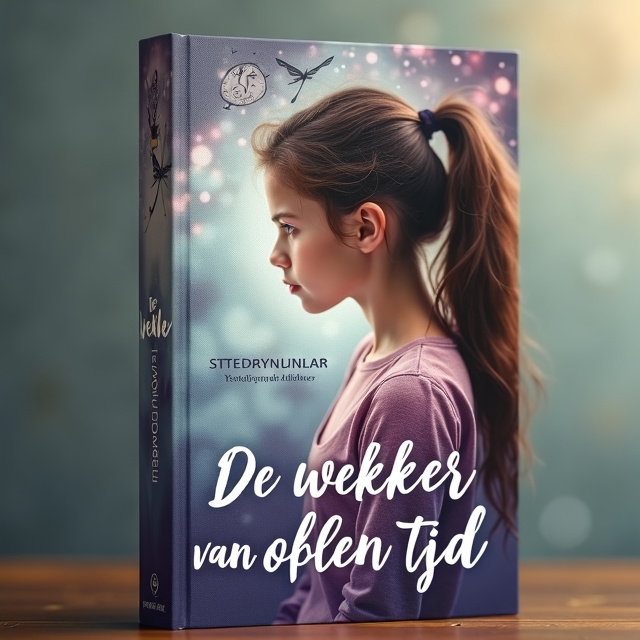 The 15-year-old girl with brown hair tied in a loose ponytail is positioned in the center of the cover. Her hair flows into the hands of a vintage travel clock, symbolizing the connection between her life and time. The grandmother's wrinkles are intricately intertwined with the numbers on the dial, creating a sense of depth and mystery. Soft colors, including shades of purple, pink, and blue, are used to blend youth with old age. The background features a subtle, hazy glow, adding a touch of magic and wonder to the composition.
