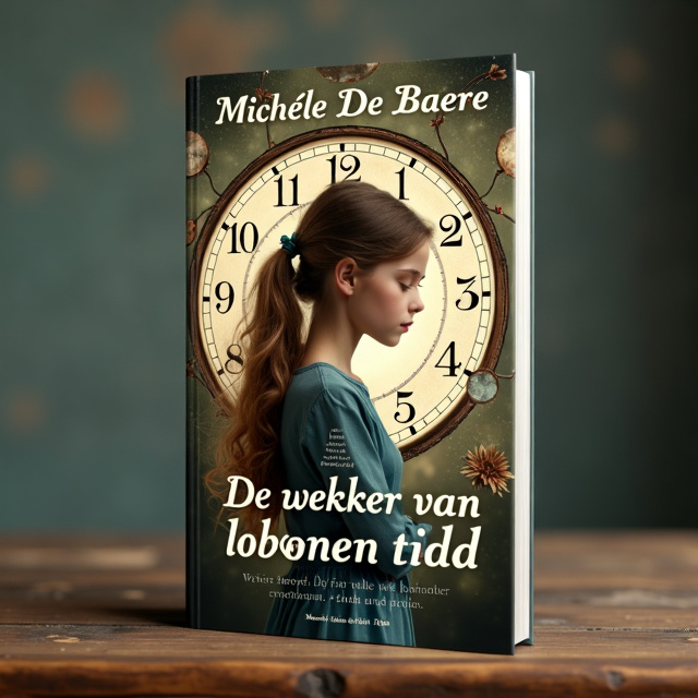 In the center of the cover, a 15-year-old girl with brown hair tied in a loose ponytail is depicted. Her hair flows into the hands of a vintage travel clock, symbolizing the connection between her life and time. Surrounding the clock, the grandmother's wrinkles are intertwined with the numbers on the dial, creating intricate patterns. The background features a subtle, hazy glow, adding a magical atmosphere.