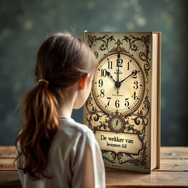 The cover features a 15-year-old girl with brown hair in a loose ponytail in the center, looking at a vintage travel clock which makes you only see the back of the girl. The girl's hair flows into the hands of the clock, symbolizing the connection between time and her life. The clock is intertwined with the grandmother's wrinkles, forming patterns connected to the numbers on the dial. The overall style is dreamy, mysterious, and warm, with soft colors that represent both youth and old age.