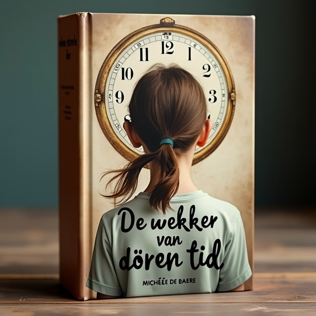 The cover features a 15-year-old girl with brown hair in a loose ponytail in the center, looking at a vintage travel clock. We can't see the girl's face. The girl's hair flows into the hands of the clock, symbolizing the connection between time and her life. The clock is intertwined with the grandmother's wrinkles, forming patterns connected to the numbers on the dial. The overall style is dreamy, mysterious, and warm, with soft colors that represent both youth and old age.