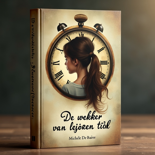 The cover features a 15-year-old girl with brown hair in a loose ponytail in the center, looking at a vintage travel clock. We can't see the girl's face. The girl's hair flows into the hands of the clock, symbolizing the connection between time and her life. The clock is intertwined with the grandmother's wrinkles, forming patterns connected to the numbers on the dial. The overall style is dreamy, mysterious, and warm, with soft colors that represent both youth and old age.