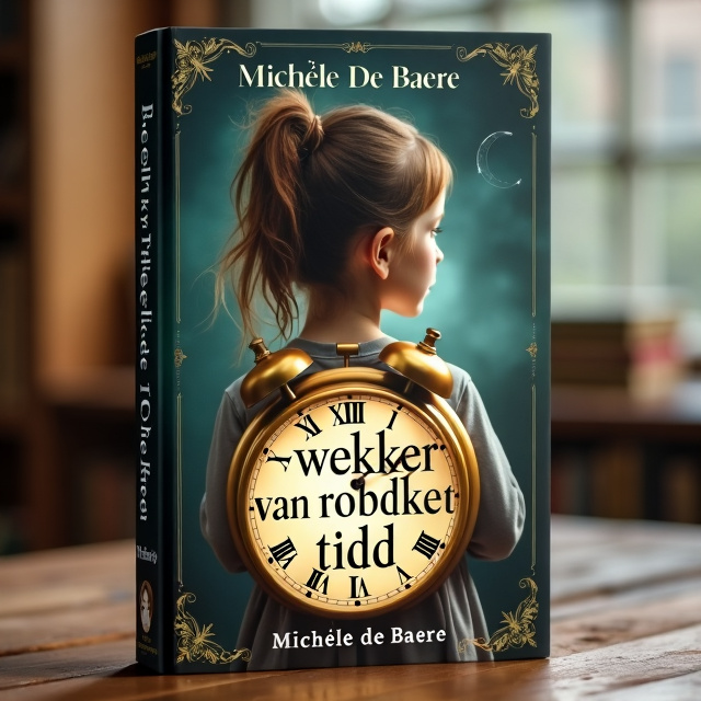 The cover features a 15-year-old girl with brown hair in a loose ponytail in the center, looking at a vintage travel clock so we can't see her face. The girl's hair flows into the hands of the clock, symbolizing the connection between time and her life. The overall style is dreamy, mysterious, and warm, with soft colors.