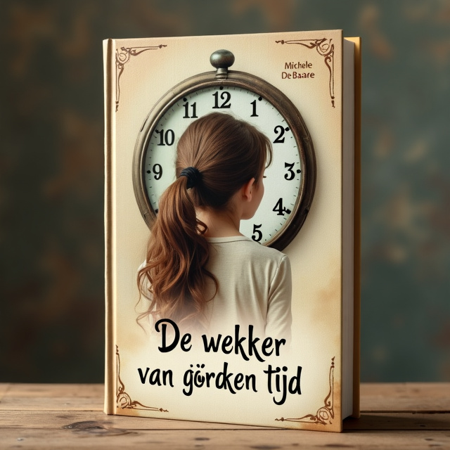 The cover features a 15-year-old girl with brown hair in a loose ponytail in the center, looking at a vintage travel clock so we can't see her face. The girl's hair flows into the hands of the clock, symbolizing the connection between time and her life. The overall style is dreamy, mysterious, and warm, with soft colors.