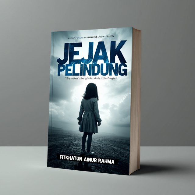 The cover features a young girl standing alone in a desolate landscape, symbolizing her journey of protection and struggle. The background is a mix of gray and blue tones, creating a somber and mysterious atmosphere. The girl's face is partially obscured, conveying her hidden pain and resilience. The title "Jejak pelindung" is displayed prominently in bold, capitalized fonts, with the word "pelindung" in a vibrant blue color to represent the growing love and protection in the story. The author's name, Fitkhatun Ainur Rahma, is placed at the bottom of the cover in a smaller, elegant font.