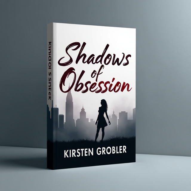 The book cover features a misty city skyline in the background, creating an atmosphere of mystery and suspense. In the foreground, a small silhouette of a woman is shown looking over her shoulder, adding intrigue and tension to the scene. The title, "Shadows of Obsession," is large, reflective, and in cursive, overlapping with the background to showcase the theme of the book.