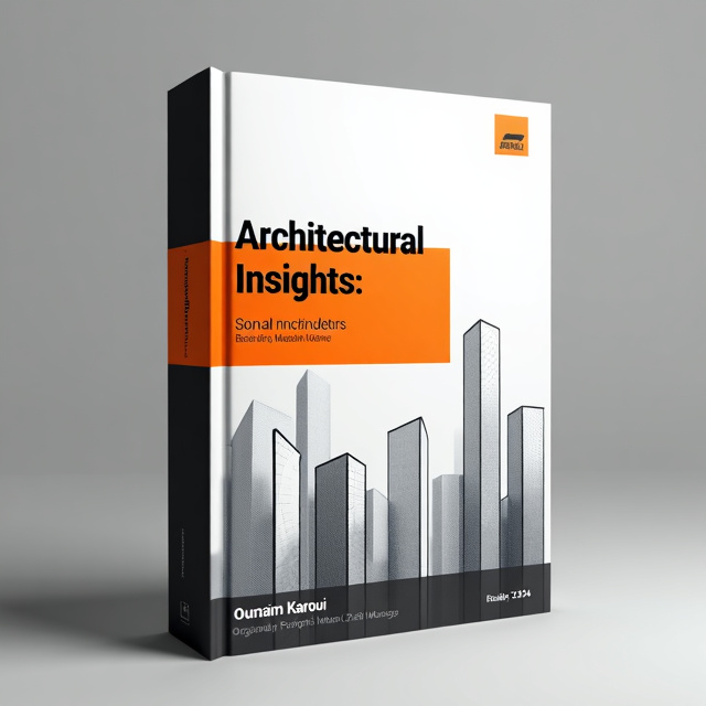 The cover features a minimalist design with a sleek grey and white background. Abstract outlines of buildings are integrated into the background, subtly hinting at the world of architecture. The vibrant orange color is used as an accent, adding energy and warmth to the design.