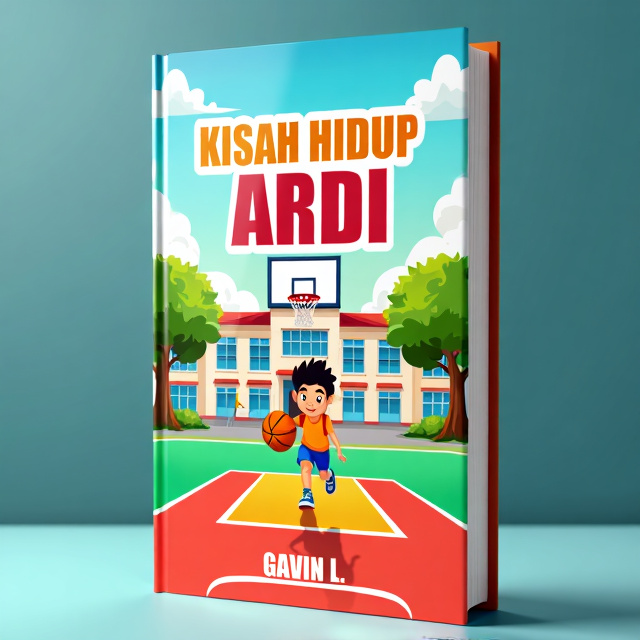 The cover design features a vibrant and energetic illustration of a basketball court, with the main character, Ardi, dribbling a basketball in the center. The school building is shown in the background to represent the school setting of the book. The colors used are bright and cheerful, evoking a sense of joy and excitement.