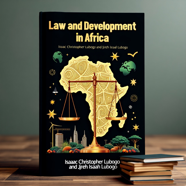 A black background with a subtle texture. At the center, a map of Africa is depicted in gold, with intricate patterns and vibrant colors to represent the diversity of the continent. On top of the map, a set of scales of justice is positioned, symbolizing law and justice. Around the scales, legal documents and books are scattered, intertwining with images of infrastructure, technology, and agricultural scenes.