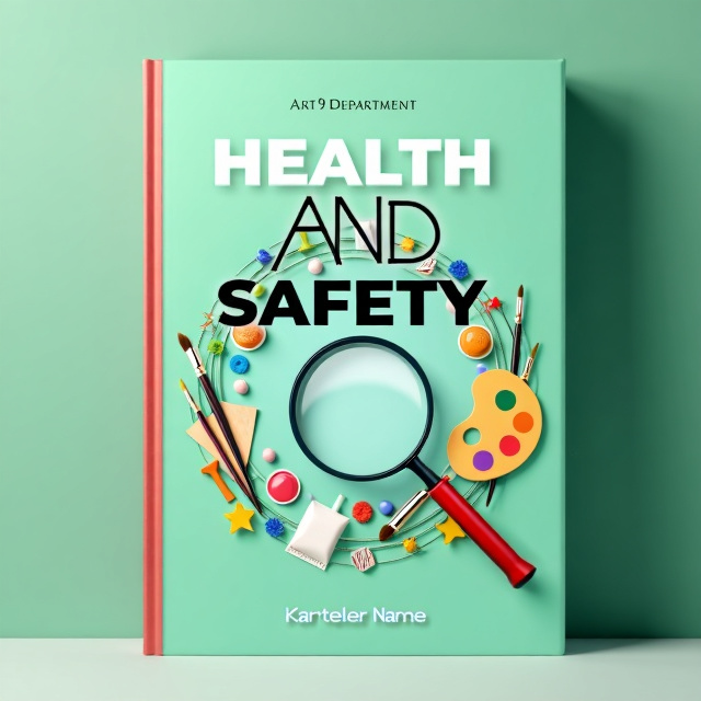The cover features a mint green background with a soft gradient effect, symbolizing a refreshing and safe environment. In the center, there is an illustration of various art supplies, such as paintbrushes, pencils, and a palette, representing the art department. Above the illustration, a magnifying glass highlights the importance of being aware and cautious.