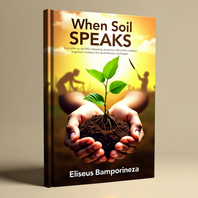 The cover features an earthy, warm-toned background representing the richness of soil. At the bottom, hands gently cradle a handful of soil from which a vibrant plant is sprouting. The roots of the plant intertwine with the soil, emphasizing connection and resilience. Above the plant, a soft, glowing light filters through, representing hope and possibility. In the background, faint silhouettes of people working the land or children playing subtly appear, symbolizing humanity's connection to the earth. Abstract layers of soil or earthy textures are integrated into the design, giving a sense of depth and life beneath the surface. A quill or other poetic symbol is subtly placed in the scene, connecting the idea of soil with creative expression.