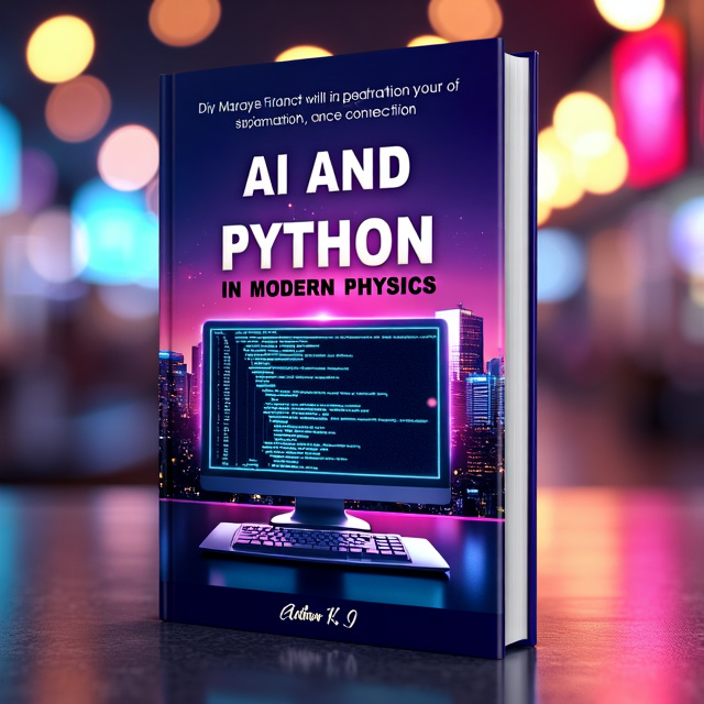The cover features a futuristic cityscape in the background, with vibrant colors and neon lights depicting a technologically advanced world. In the foreground, there is a computer screen displaying lines of code, symbolizing the importance of AI and Python in modern physics.