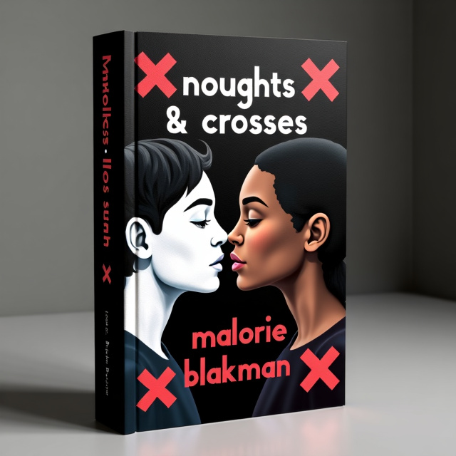 The cover features a close-up shot of a white boy and an alter black girl about to kiss. The background is black, and a red X and O game board is subtly overlaid on the image. The overall style is sleek and modern.