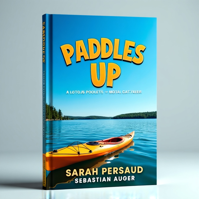 The cover features a bright and sunny lake scene, with a kayak and paddleboard placed in the foreground. The water is calm and inviting, reflecting the blue sky above. The title, "Paddles Up", is placed in bold, playful typography across the top portion of the cover, while the author names, Sarah Persaud and Sebastian Auger, are displayed in a more elegant font at the bottom.