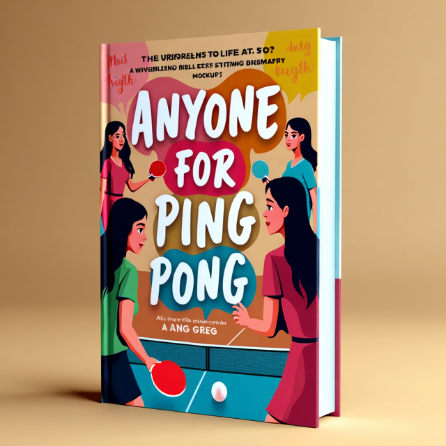 The cover features a vibrant and energetic scene of women playing ping pong, with one woman confidently hitting the ball. The background is filled with colorful shapes and patterns, symbolizing the busy and overwhelming nature of life at 50.