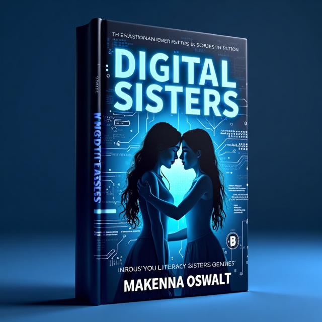The cover features two sisters embracing each other, with technological elements surrounding them, such as circuit boards and binary code. The background is a dark blue color, representing the book's genre of literary fiction.