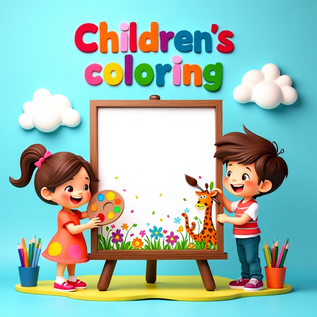 A light blue background with fluffy white clouds. In the center, there is a vibrant and colorful picture frame with painted animals. On the left side, there is a girl holding a paint palette and brush, while on the right side, there is a boy with a paint palette and colored pencils. The children are happily coloring the picture frame together.