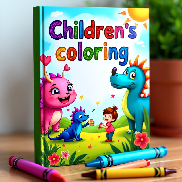 The cover features a vibrant and playful illustration of fantastical creatures and colorful landscapes. The creatures are interacting with children who are happily coloring with crayons. The overall style is whimsical and filled with energy.
