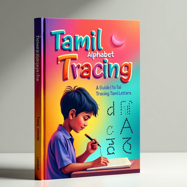 The cover features a vibrant background with a gradient of bright colors, symbolizing happiness and excitement. In the center, there is an illustration of a young boy writing Tamil letters, with tracing lines to guide him. The letters are beautifully designed, showcasing the elegance of the Tamil alphabet.