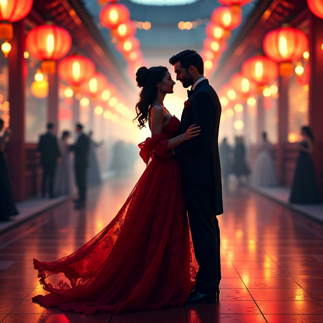 The cover features silhouettes of Kiyoko and Dom Henrique in an intimate moment at a grand ball. Kiyoko is dressed in an elegant flowing kimono, while Dom Henrique looks at her with a protective and passionate gaze. The background showcases the illuminated dance floor adorned with colorful lanterns, symbolizing the joy of the event. Subtle shadows of conservative figures can be seen, representing the societal pressure. The title is positioned elegantly at the top, complementing the romantic and tense scene. The color scheme includes deep red, representing love and passion, contrasting with dark blue or gray, symbolizing conflict and societal oppression.