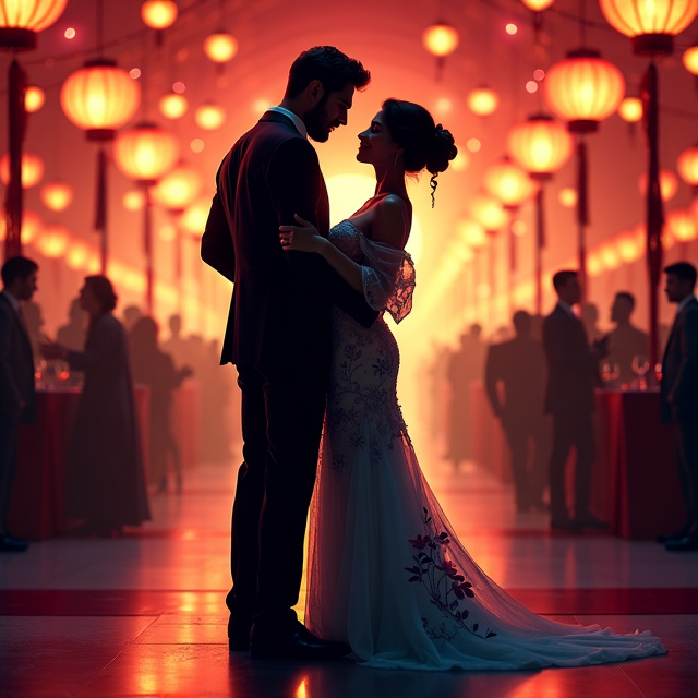 The cover features a silhouetted image of Kiyoko and Dom Henrique, standing close together in an intimate embrace at a grand ball. Kiyoko is depicted wearing an elegant flowing kimono, while Dom Henrique gazes at her with a protective and passionate look. In the background, a well-lit and decorated dance floor is adorned with colorful lanterns, symbolizing the joy of the event. Subtle shadows of conservative figures can be seen, representing the societal pressure they face. The title of the book is positioned elegantly at the top, complementing the romantic and tense scene.