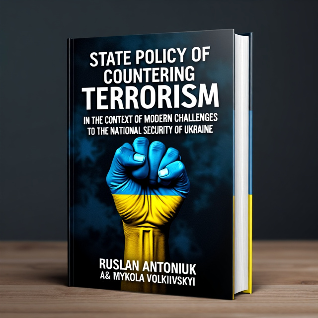 The cover features a powerful image of a clenched fist, symbolizing strength and resilience in the face of terrorism. The fist is overlaid with the Ukrainian flag, representing the book's focus on Ukraine's national security. The background is a dark, ominous texture, hinting at the challenges and dangers discussed in the book.