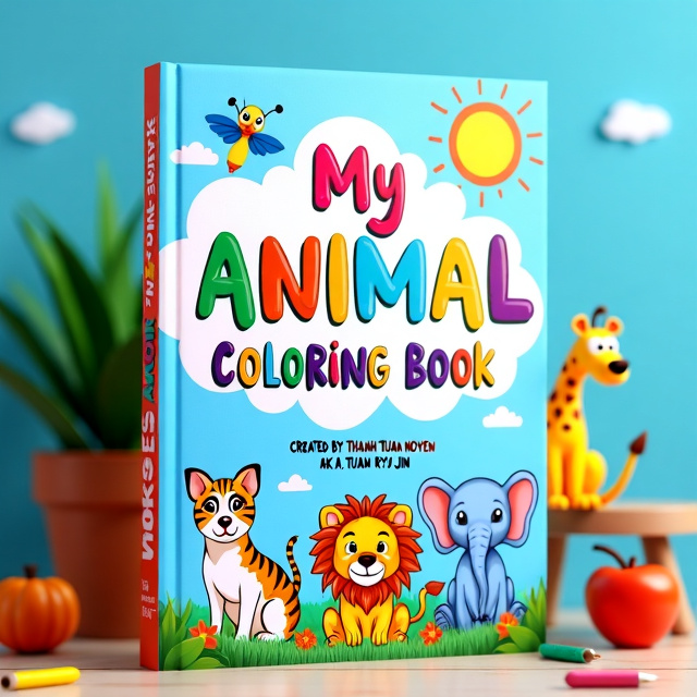 The cover features a bright blue background with a sunny sky and a few clouds. In the center, the title "My Animal Coloring Book" is displayed in large, colorful letters. Above the title, a vibrant, hand-drawn animal motif, featuring an elephant, a lion, a butterfly, and a dog, makes direct eye contact with viewers. These animals are designed in a whimsical, cartoonish style to create a fun atmosphere. Surrounding the title and animal motif, various colorful animal illustrations featured in the book are positioned playfully.