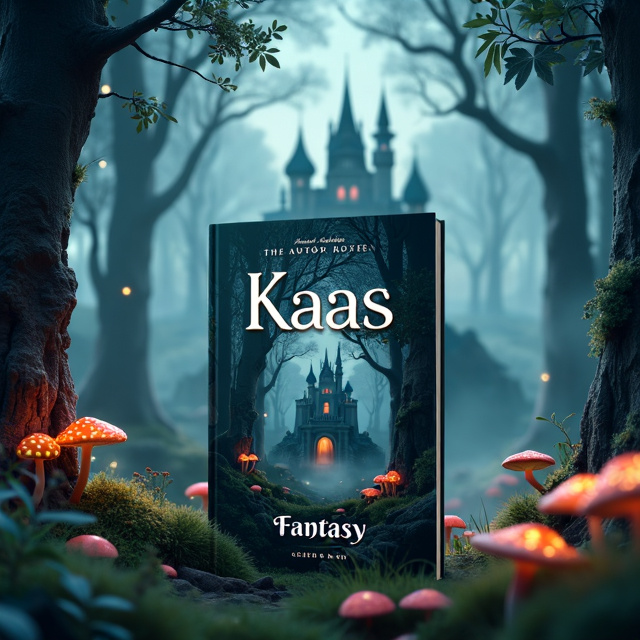 A mystical forest with towering trees, glowing mushrooms, and ethereal mist. In the center, a majestic castle stands, its spires reaching towards the sky. A magical creature, like a mythical dragon or unicorn, flies above the castle.