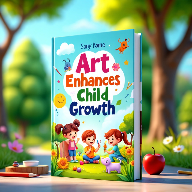 The cover features a vibrant, sunlit park setting as the background. In the foreground, there are children happily engaged in various art activities, some painting and others sketching. Playful characters like animals and whimsical creatures are scattered around, creating a sense of wonder and imagination. Colorful illustrations of abstract shapes and nature elements like trees and flowers add to the creativity in the scene. The title is placed above the scene in a bold, whimsical font, partially colored in with the same hues as the art supplies.